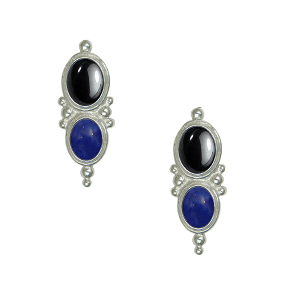 Sterling Silver Drop Dangle Earrings With Hematite And Lapis Lazuli